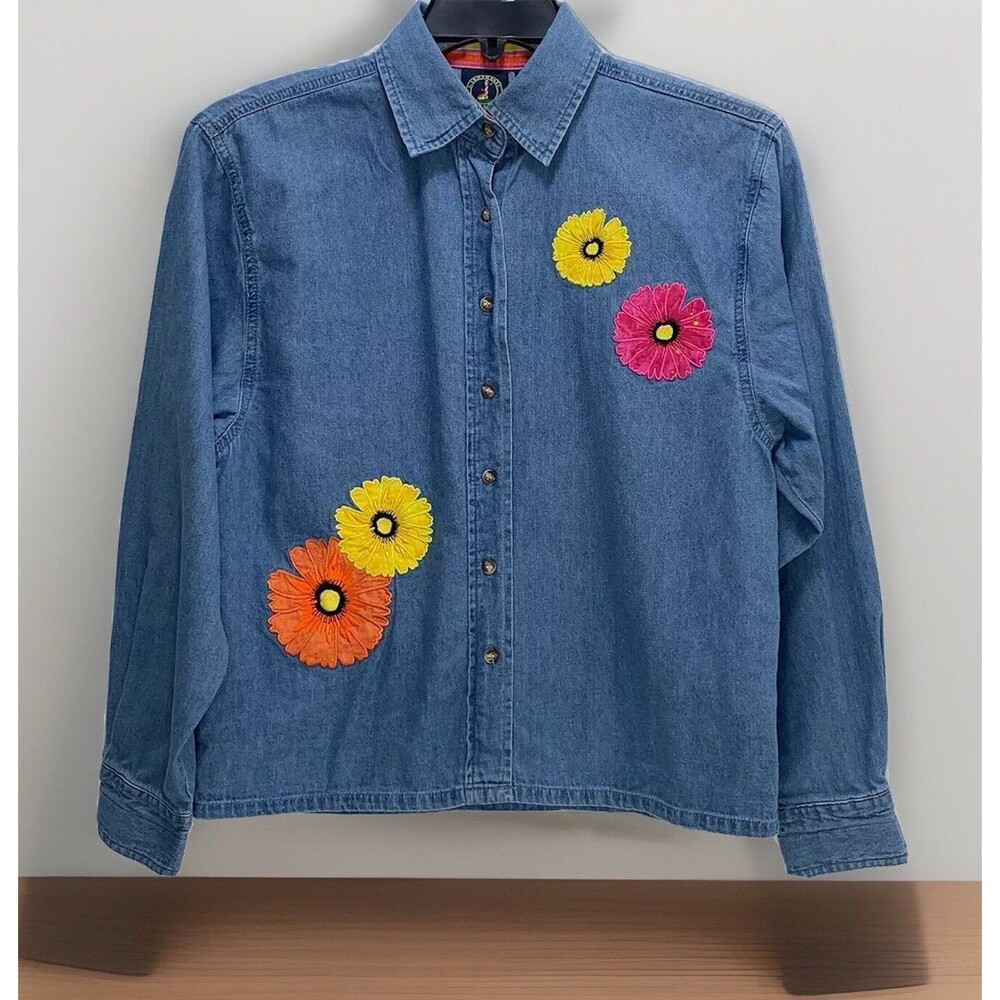 Lighthouse Apparel Shirt Blouse Denim Button Floral Appliqué Embroidered Sz S